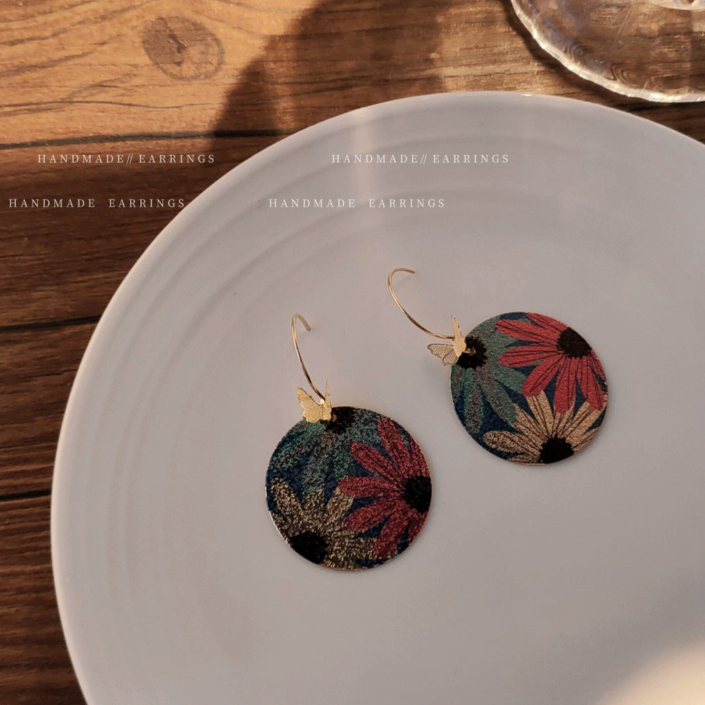 Real Gold-Plated Round Geometric Statement Earrings With Butterflies And Flowers Vera Lux