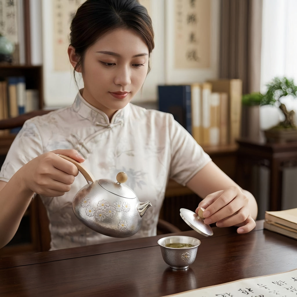 Pure 999 Fine Silver Hand-Hammered Silver Teapot with Delicate Floral Engravings and Sandalwood Handle - Handicraft Vera Lux