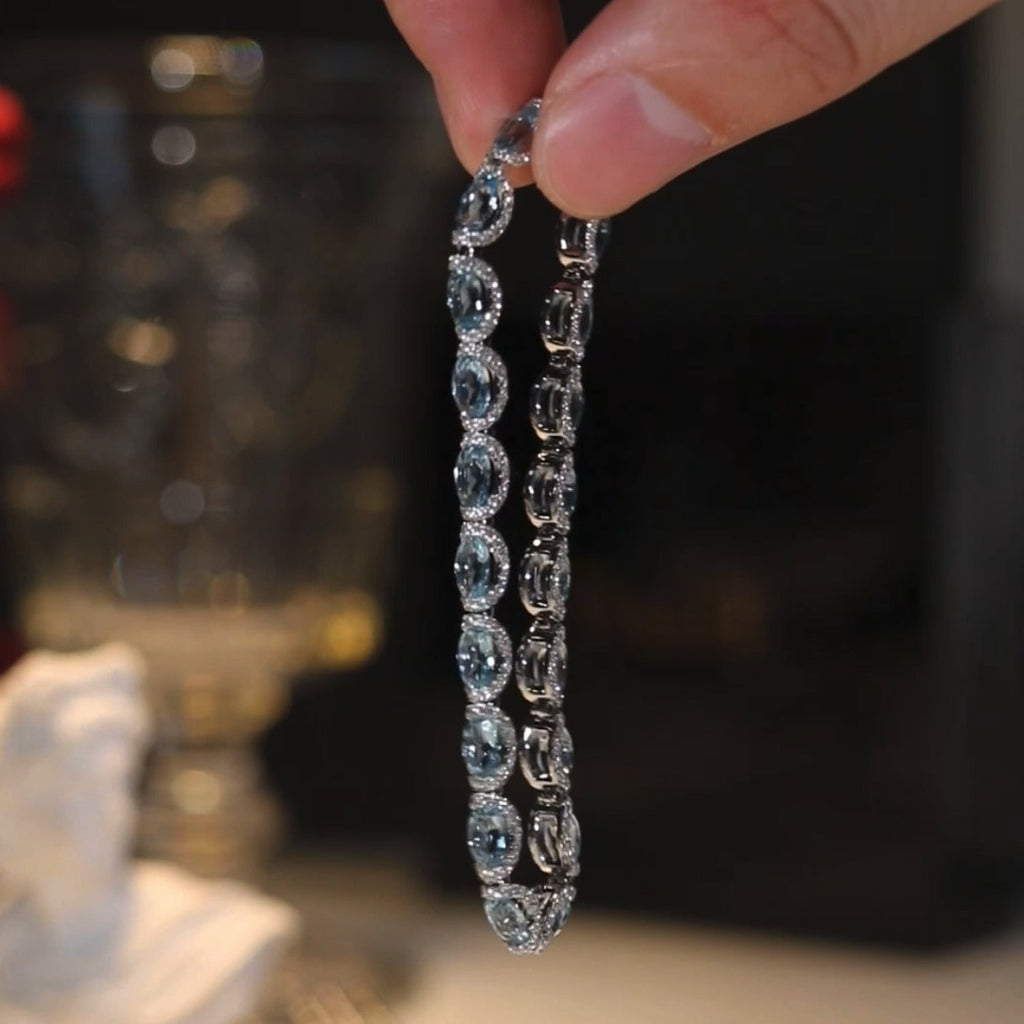 Oval Aquamarine Halo Tennis Bracelet, Luxury Blue Gem Bracelet For Women Vera Lux