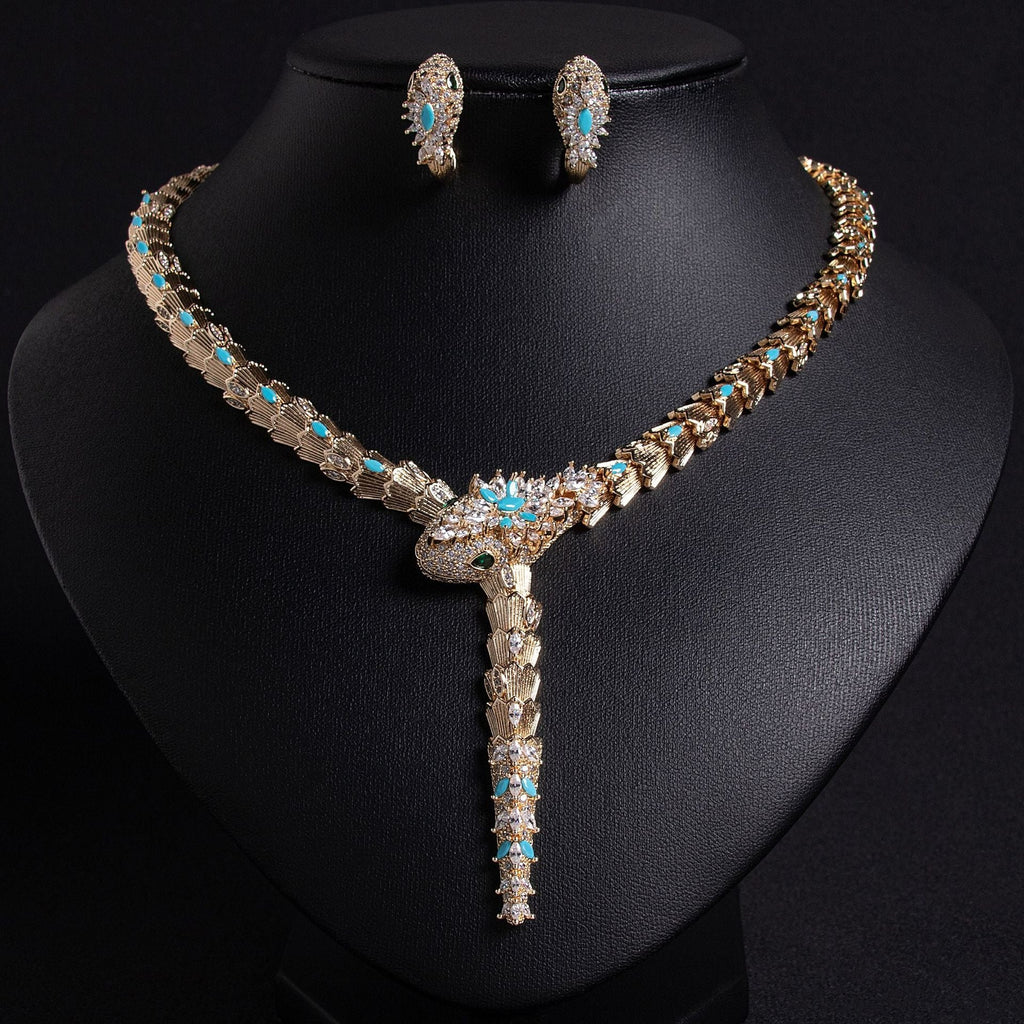 S925 Silver and Zircon Snake-Design Necklace and Earrings Jewelry Set Vera Lux
