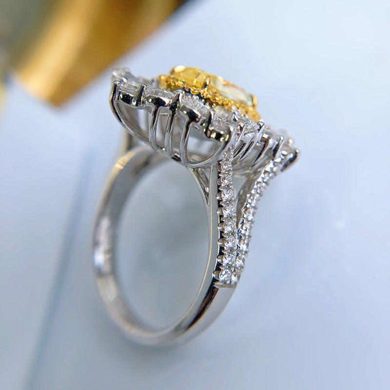 New Design Large Carat Simulated Diamond Ring, Heavy Set Synthetic Ascher Cut Yellow Diamond Gemstone Jewelry For Women Vera Lux