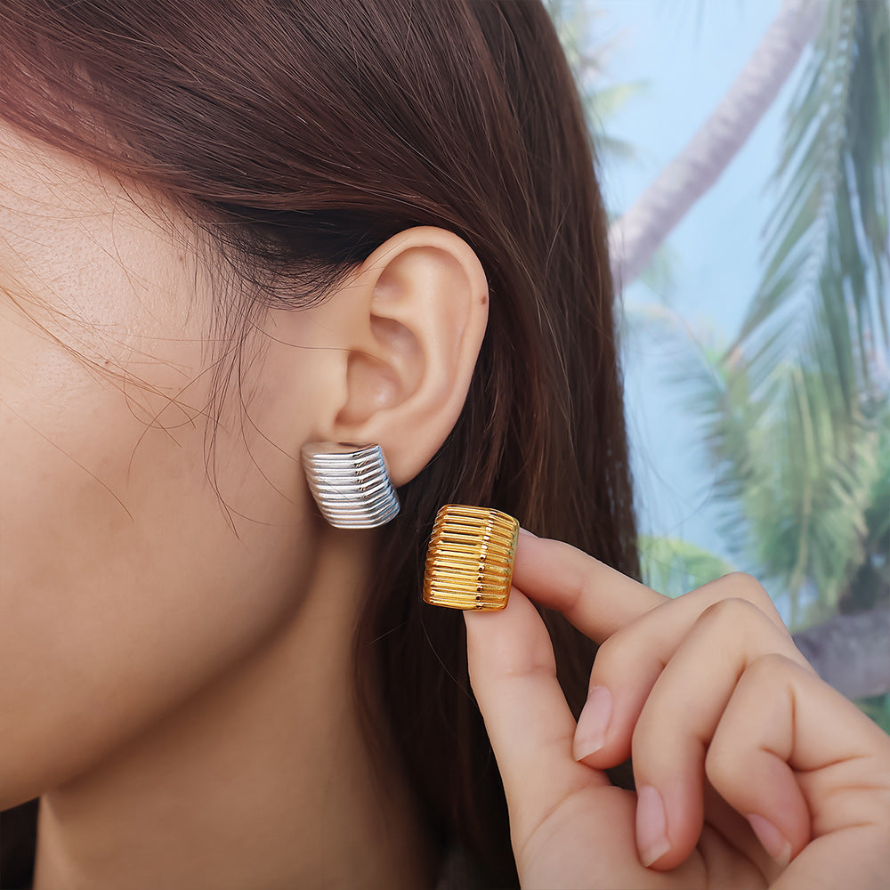 Korean Style Minimalist Striped Square Stud Earrings, 18K Gold Plated Stainless Steel, Elegant Daily Jewelry For Women Vera Lux