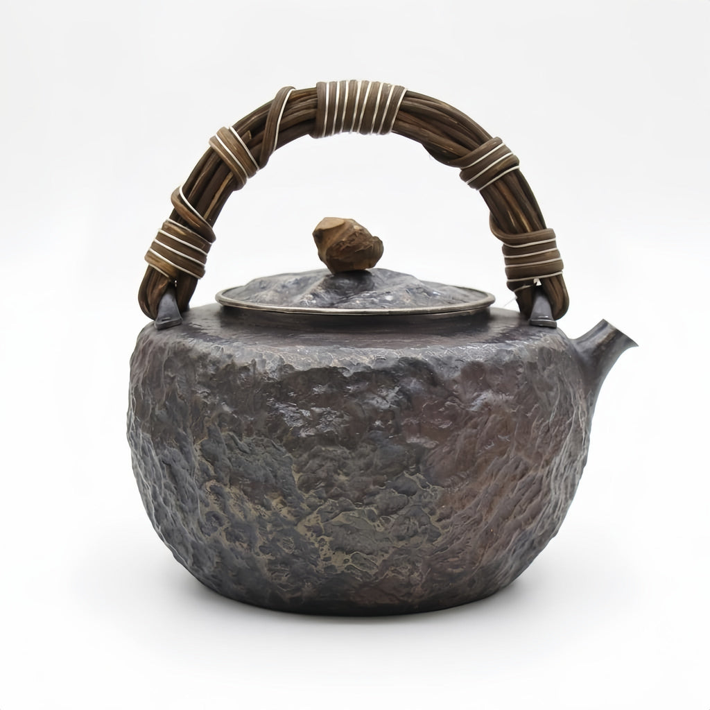 Pure 999 Fine Silver Hammered Metal Teapot with Woven Bamboo Handle and Stone Knob-Fine large teapot - Handicraft Vera Lux
