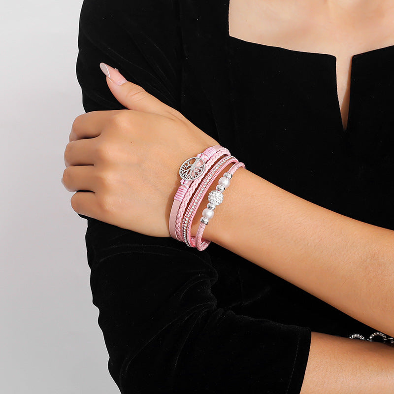 Drilled-bead Multi-layer PU Leather Braided Magnetic-clasp Bracelet Vera Lux