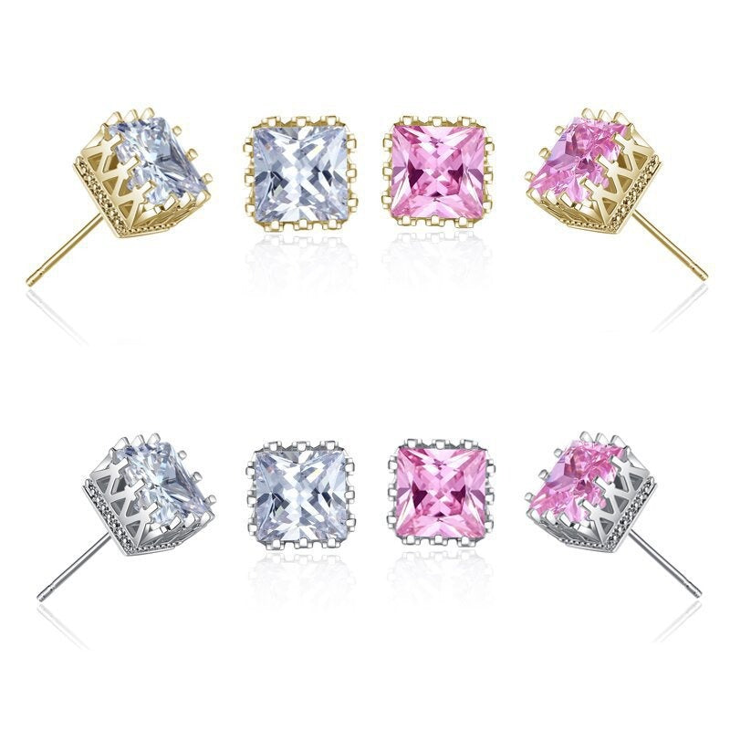 Crown-shaped openwork square zircon stud earrings Vera Lux