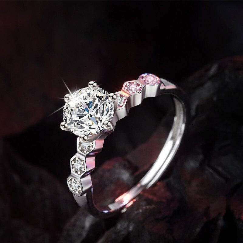 Classic Honeycomb Six-Prong Simulated Diamond Ring, Moissanite Hexagonal Band Vera Lux