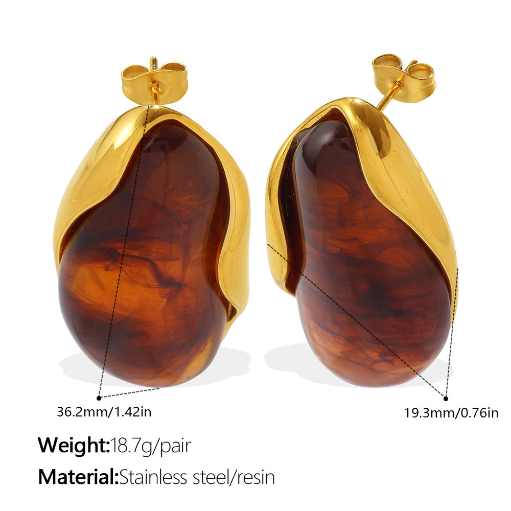 European And American Retro Irregular Amber Powder-white-blue Gradient-dyed Gold-edge Ear Ring, Non-fading, 18K Gold-plated, Exclusive Small-sized Earrings Vera Lux