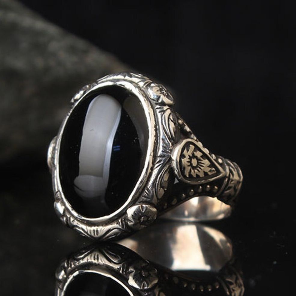 Fashionable Punk Carved Vintage Ring For Men With Black Gemstones Vera Lux