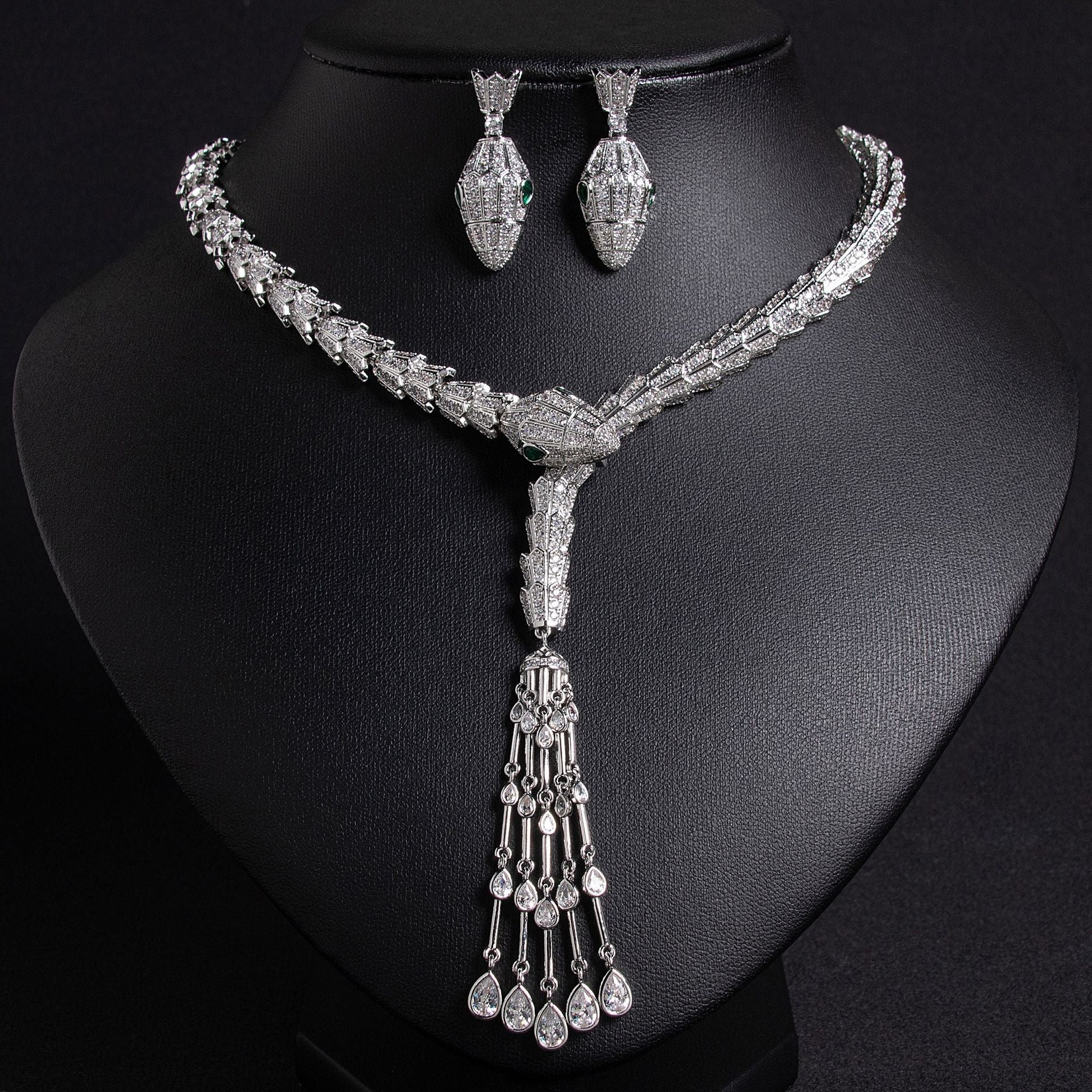 Serpentine Teardrop Tassel Zircon Earrings & Necklace Set Vera Lux