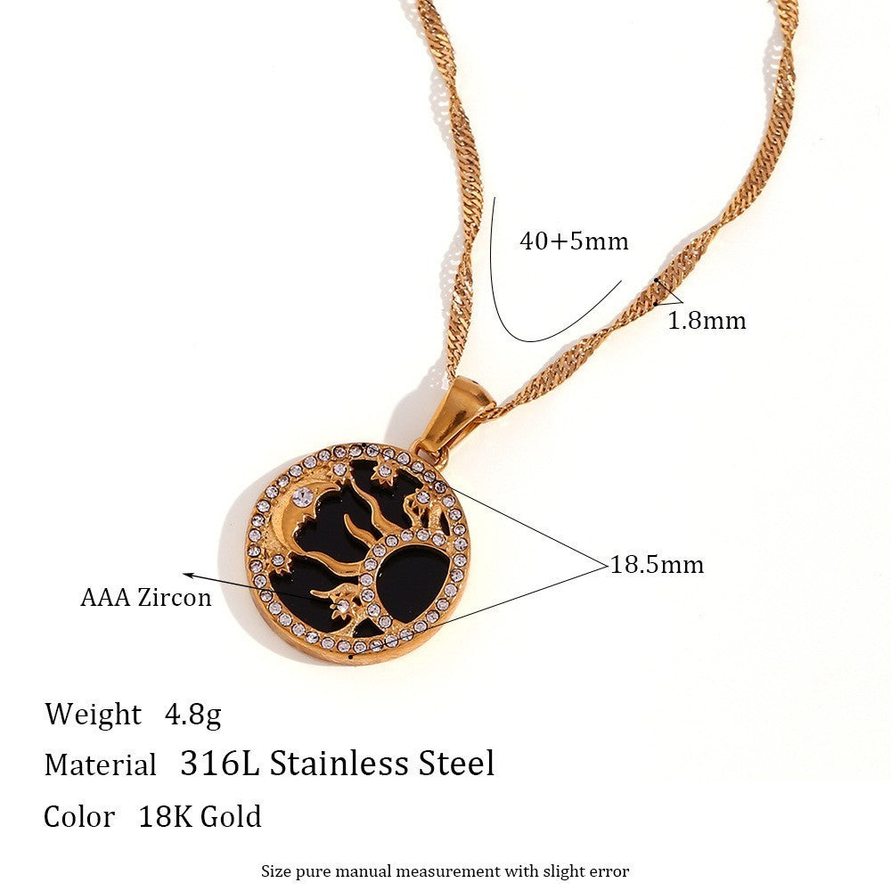 Aura Gold Celestial Moon & Star Disc Necklace | Vintage Titanium Stainless Steel Medallion | Retro Sun & Moon Crystal Charm Jewelry FLIPSTYLEZLLC