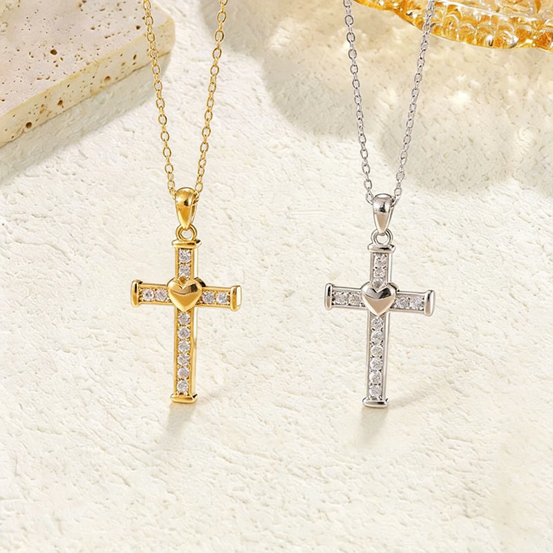 Stainless Steel Inlaid Rhinestone Heart-shaped Cross Pendant Necklace Vera Lux