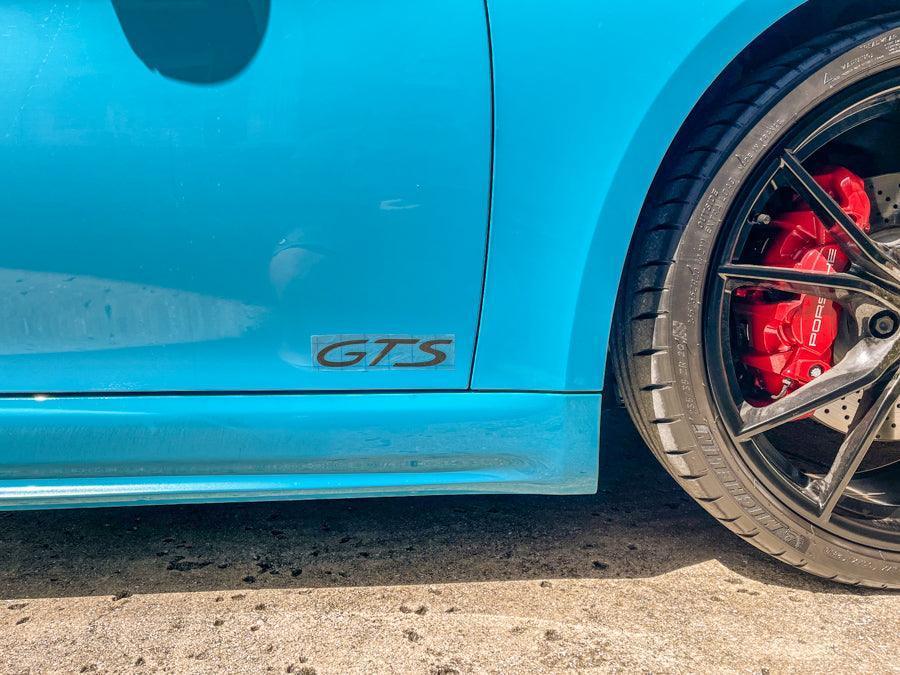 "GTS" Door Vinyl Logo Emblems for Porsche Vehicles (Boxter, Cayman, 911, Macan, Cayenne, Panamera) StickerFab
