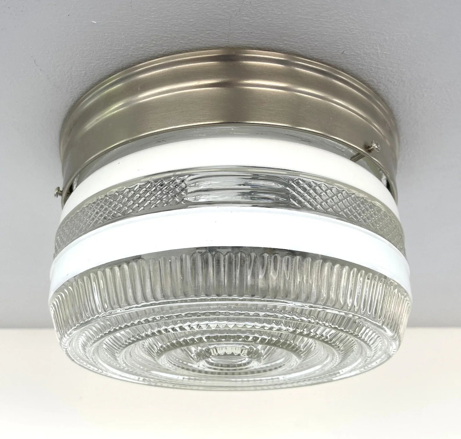 RETRO 1960's Antique DRUM Flush Mount Ceiling Light Brushed Nickel The Lamp Goods