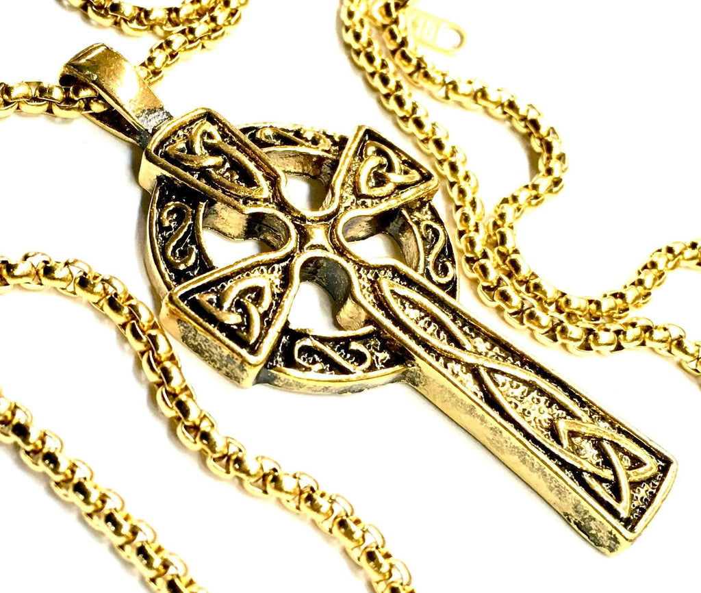 Celtic Cross Mens Necklace Irish Knot Crucifix Waterproof Super Thick Cast Large Cross Vintage Filigree Viking Heavy Box Chain Jewelry Saint Michaels Jewelry