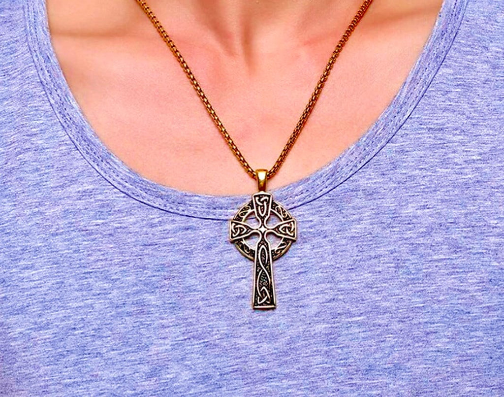Celtic Cross Mens Necklace Irish Knot Crucifix Waterproof Super Thick Cast Large Cross Vintage Filigree Viking Heavy Box Chain Jewelry Saint Michaels Jewelry