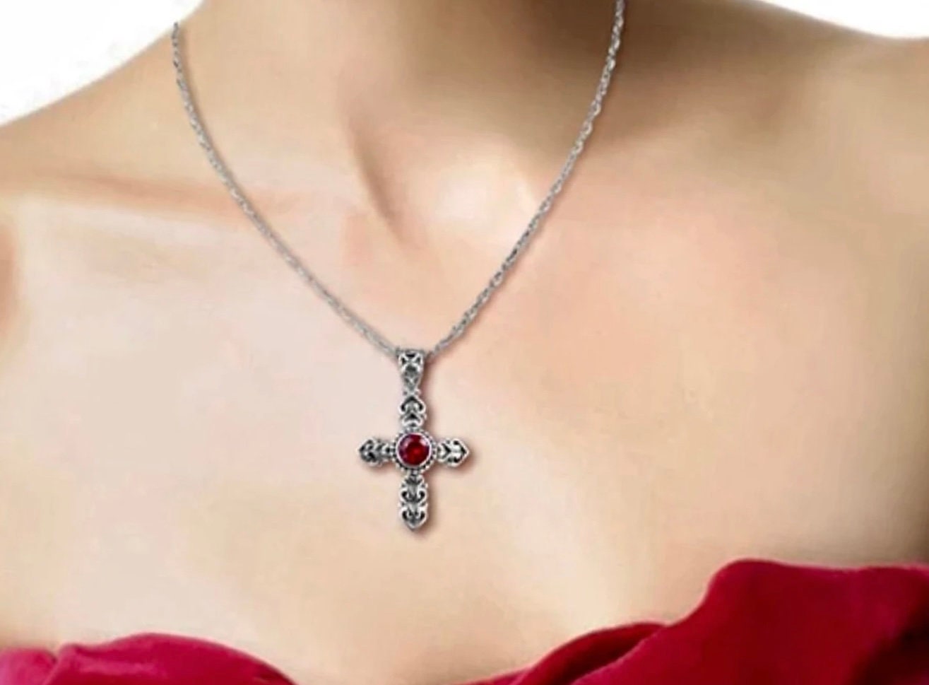 925 Solid Sterling Silver Red Ruby Cross Vintage Antique Necklace S925 Pendant for Women Cast Jewelry link Chain Jewellery for Girls Saint Michaels Jewelry