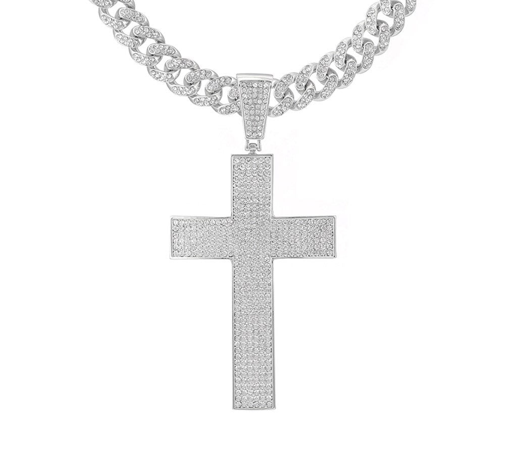 Large Iced Out Crucifix Cross and Swag Bling Chain Necklace for Men Silver Gold Iced Out Rapper CZ Heavy Thick Curb Chain Jewelry Jewellery Saint Michaels Jewelry