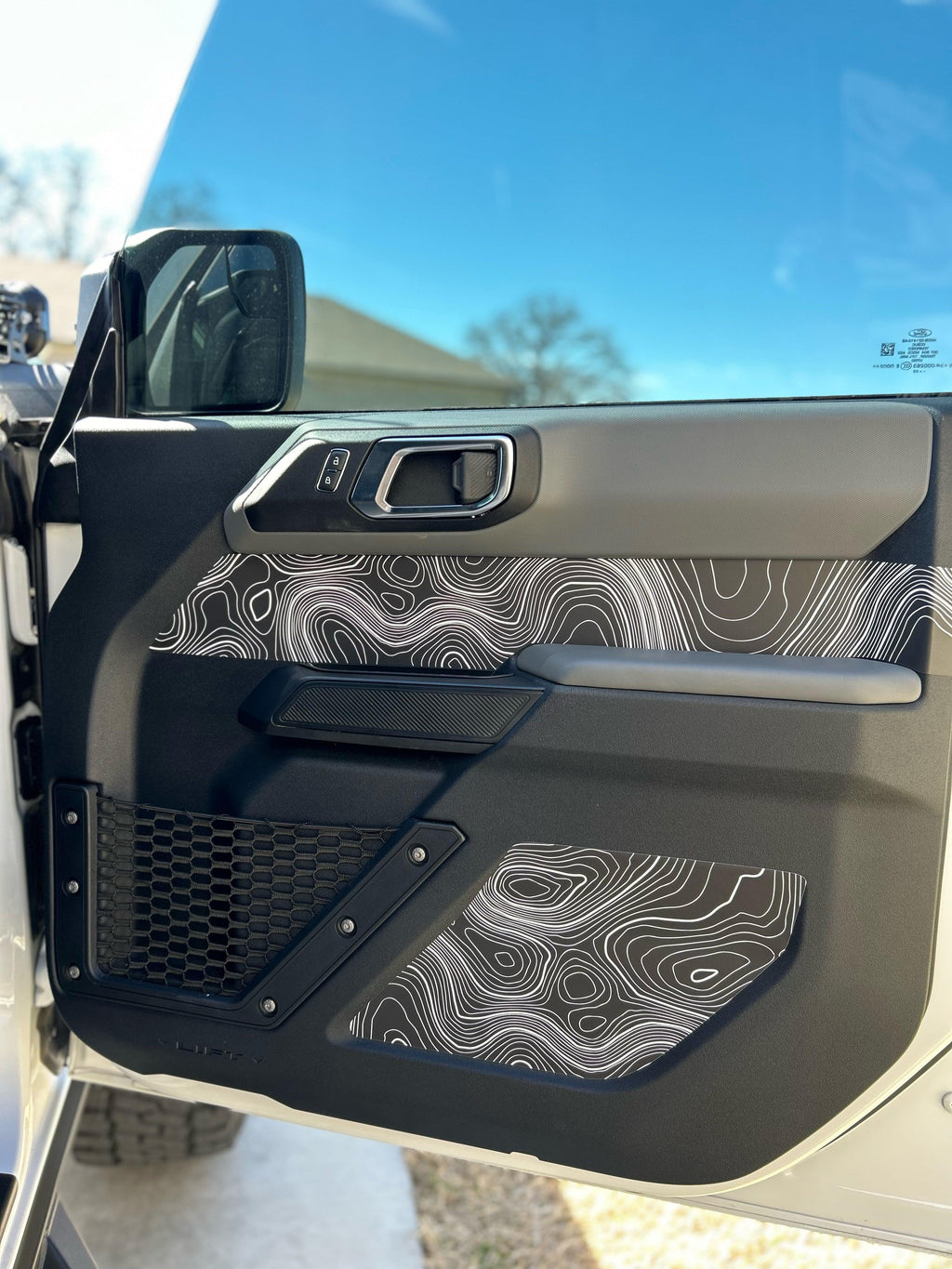 Topo Front Interior Upper Door Card Insert Overlays (Printed Series) - 2021+ Bronco 4 Door StickerFab
