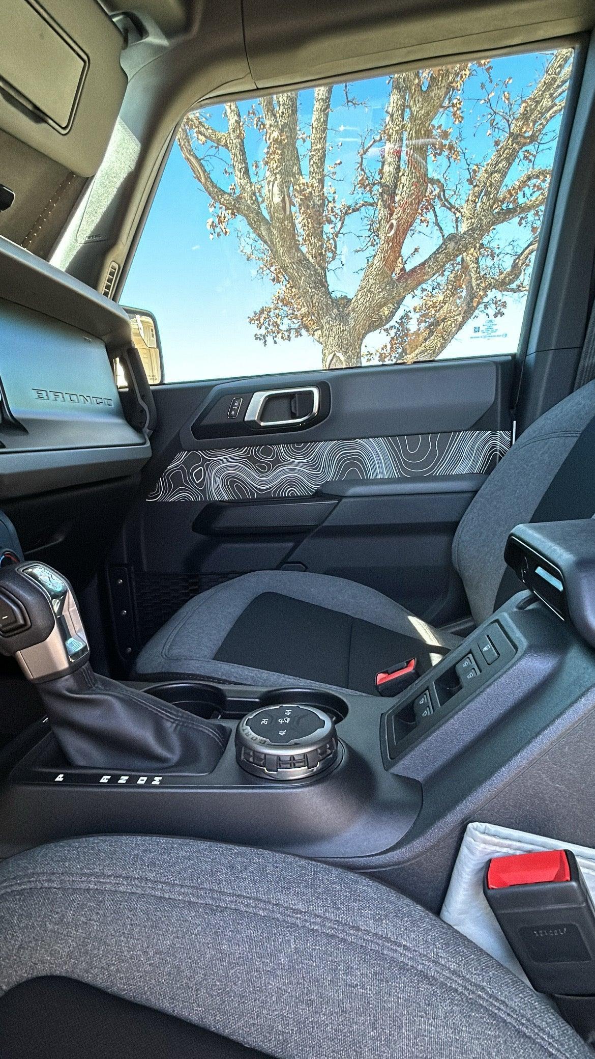 Topo Front Interior Upper Door Card Insert Overlays (Printed Series) - 2021+ Bronco 4 Door StickerFab