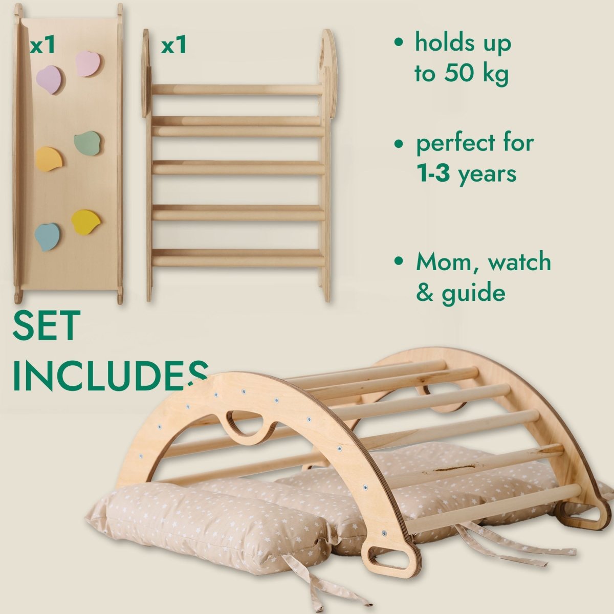4in1 Montessori Climbing Set: Pikler Triangle, Arch, Slide Board, and Cushion for Toddlers (1–3 Years) Goodevas