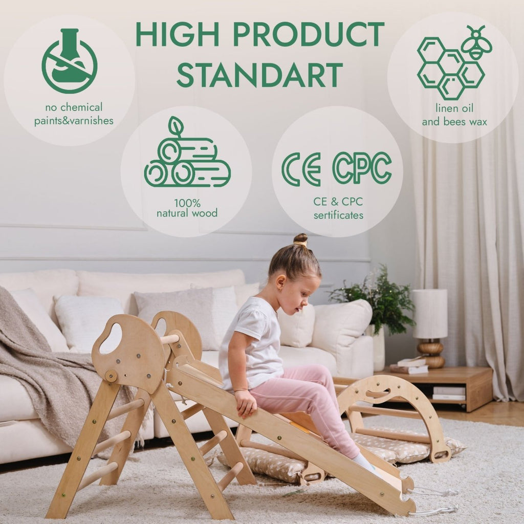 4in1 Montessori Climbing Set: Pikler Triangle, Arch, Slide Board, and Cushion for Toddlers (1–3 Years) Goodevas