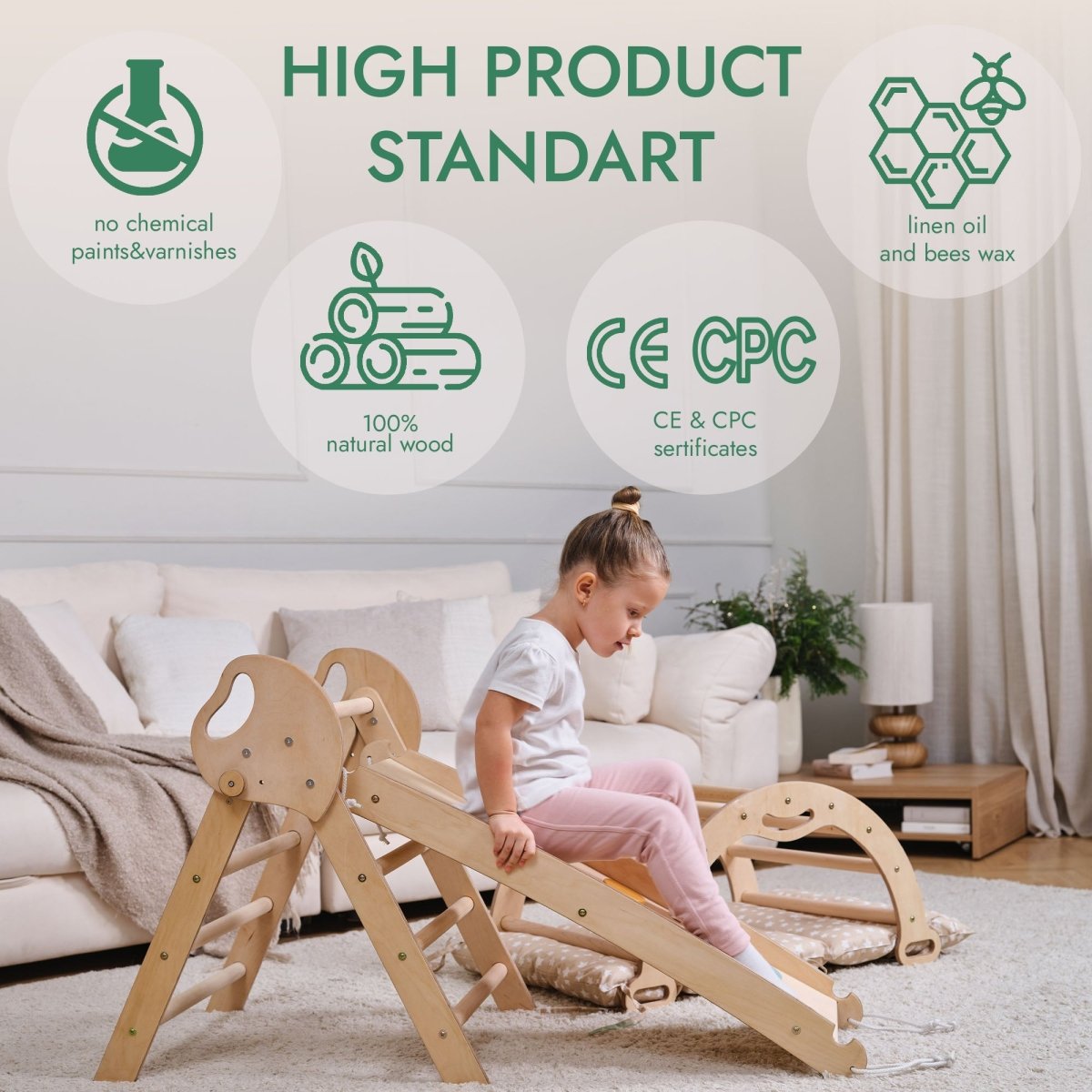 4in1 Montessori Climbing Set: Pikler Triangle, Arch, Slide Board, and Cushion for Toddlers (1–3 Years) Goodevas