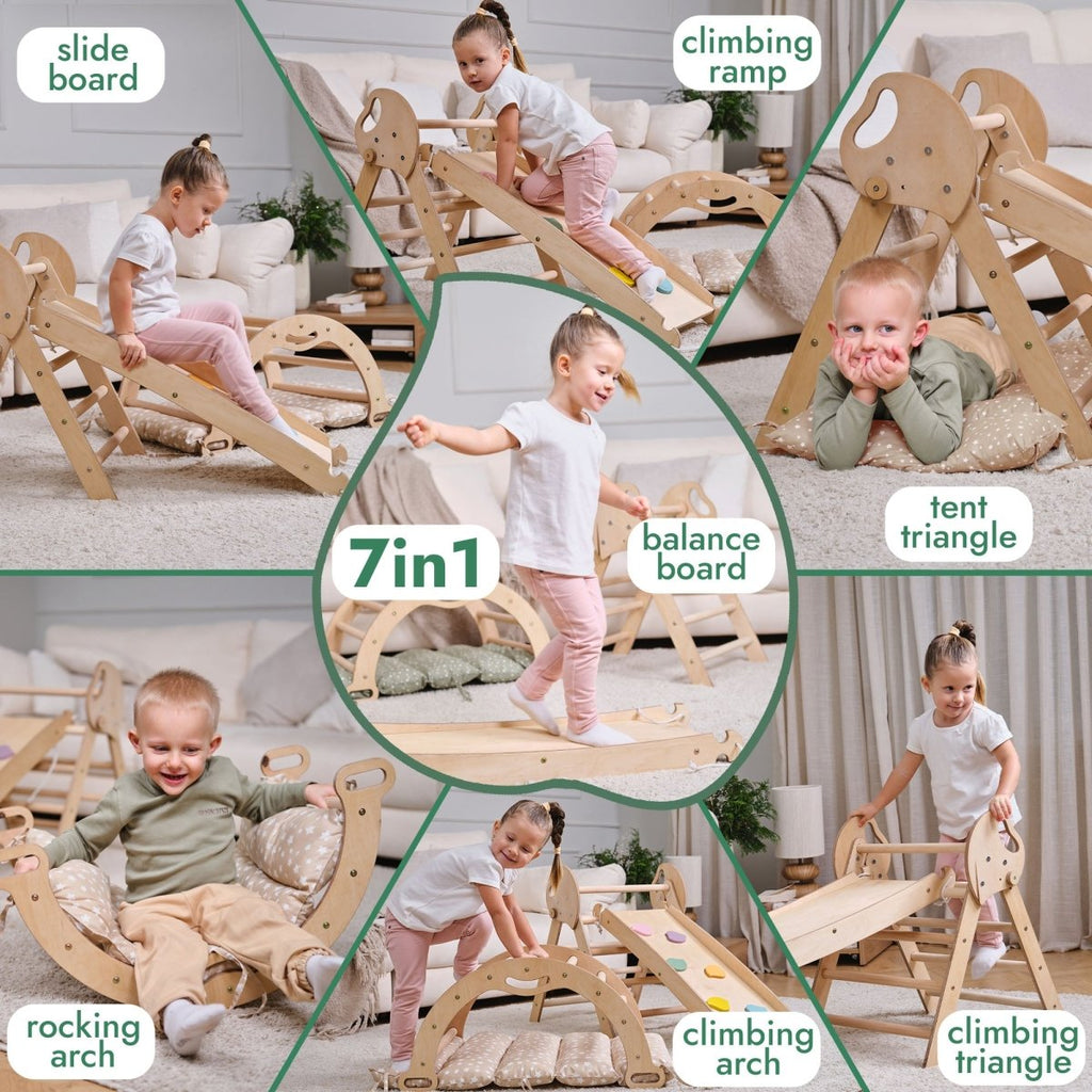 4in1 Montessori Climbing Set: Pikler Triangle, Arch, Slide Board, and Cushion for Toddlers (1–3 Years) Goodevas