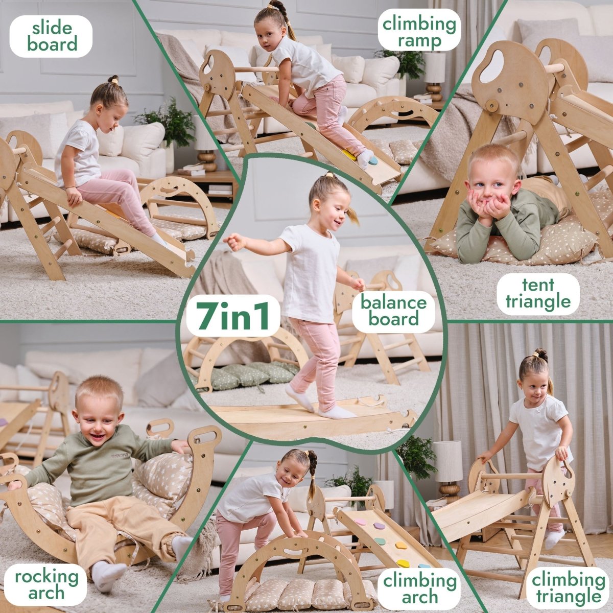 4in1 Montessori Climbing Set: Pikler Triangle, Arch, Slide Board, and Cushion for Toddlers (1–3 Years) Goodevas