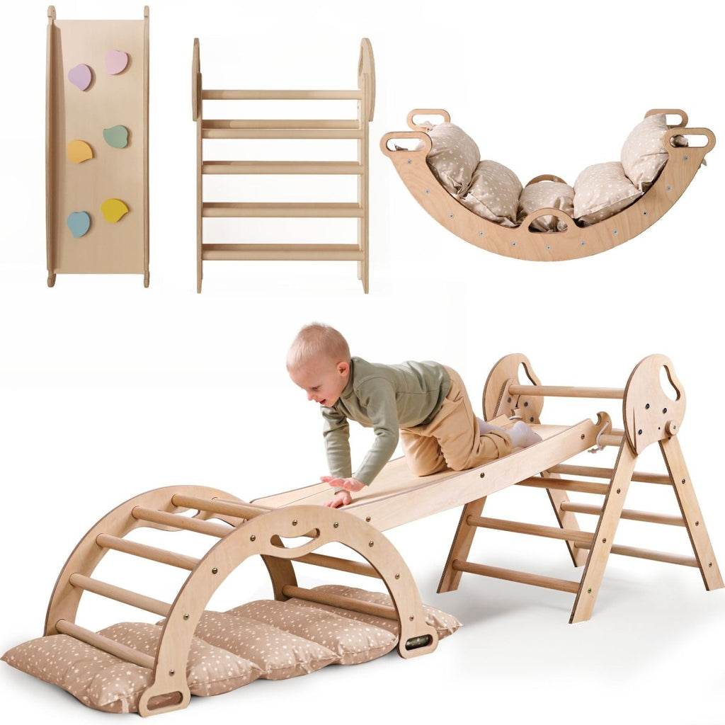4in1 Montessori Climbing Set: Pikler Triangle, Arch, Slide Board, and Cushion for Toddlers (1–3 Years) Goodevas
