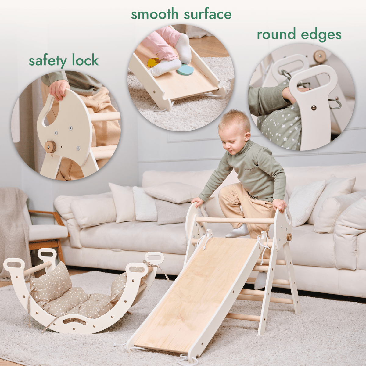 4in1 Montessori Climbing Set: Pikler Triangle, Arch, Slide Board, and Cushion for Toddlers (1–3 Years) Goodevas