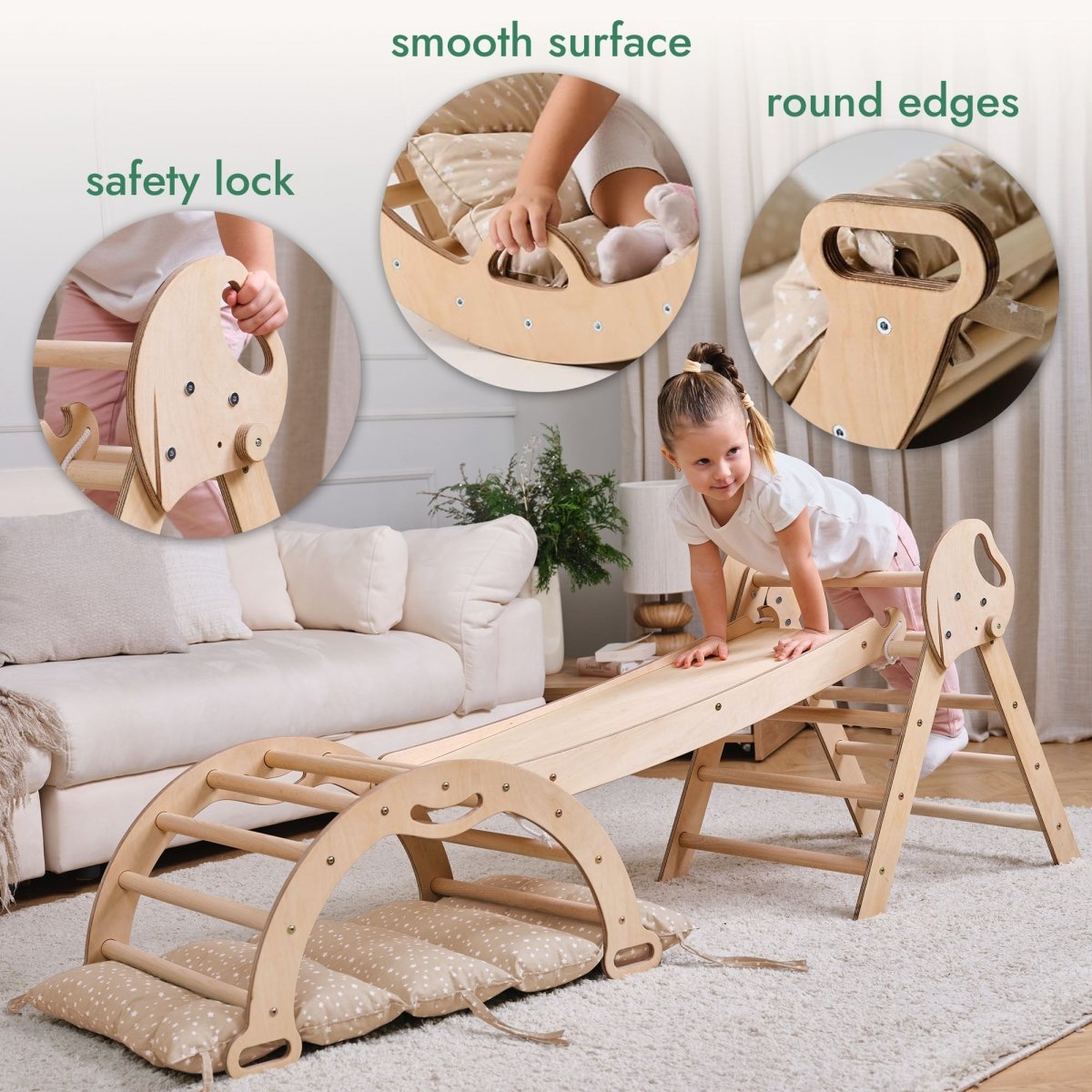 4in1 Montessori Climbing Set: Pikler Triangle, Arch, Slide Board, and Cushion for Toddlers (1–3 Years) Goodevas