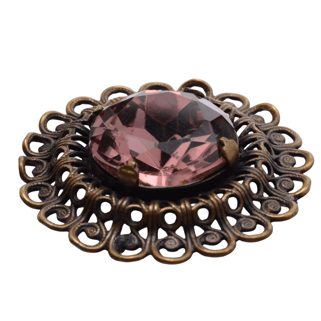 Vintage Rose Pink Glass Filigree Brooch 37mm - Antique Style Jewelry Component Continental Bead Suppliers