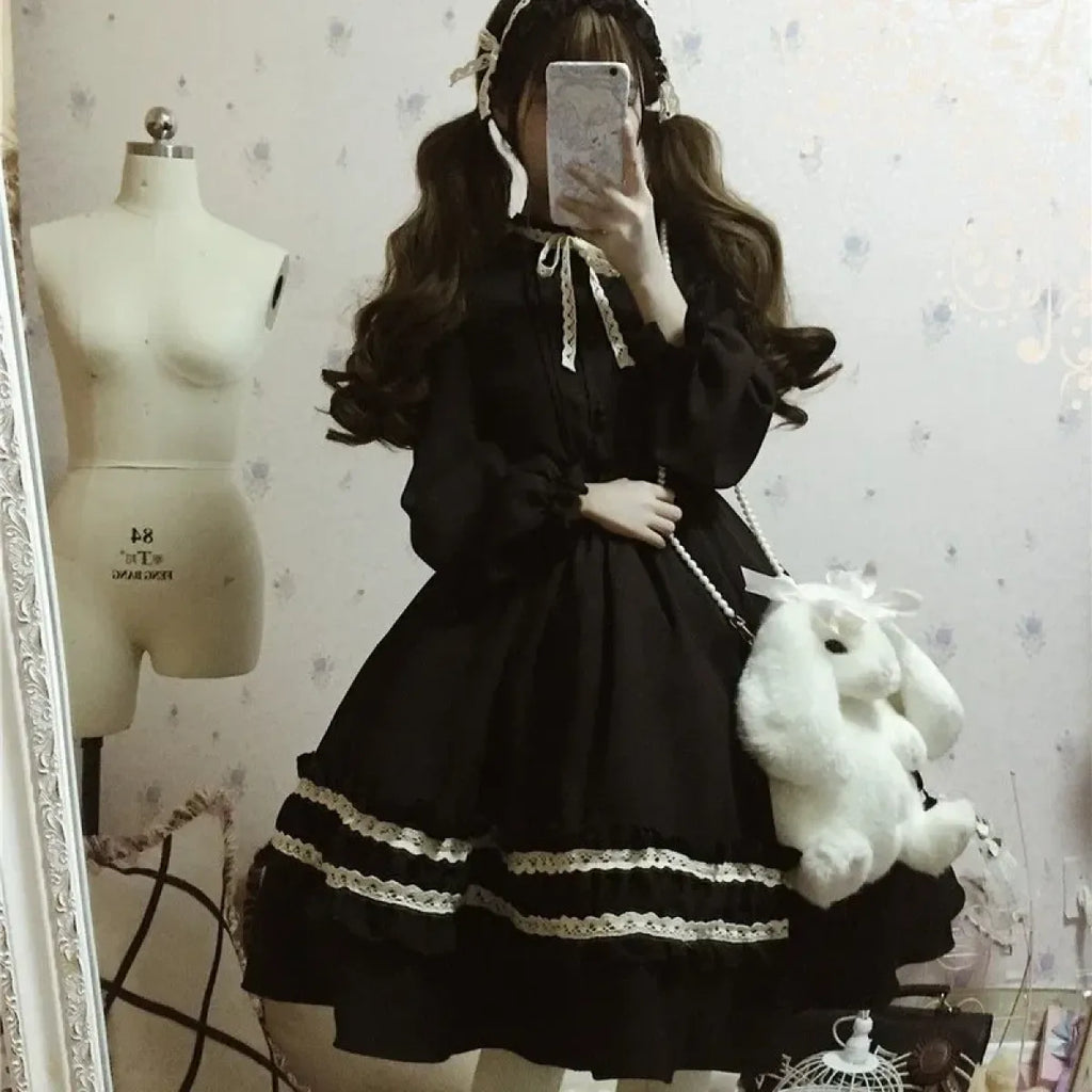 Retro Sweet Lolita Dress – Lace Trim Bowknot Vintage Style Kawaii Stop