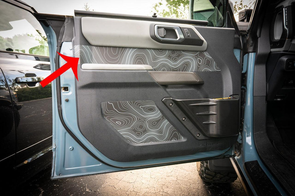 Topo Front Interior Upper Door Card Insert Overlays (Printed Series) - 2021+ Bronco 4 Door StickerFab