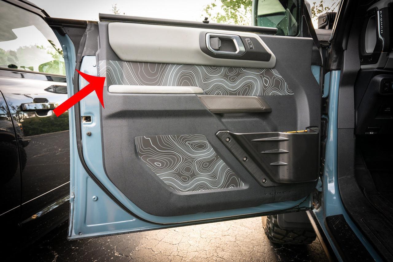 Topo Front Interior Upper Door Card Insert Overlays (Printed Series) - 2021+ Bronco 4 Door StickerFab