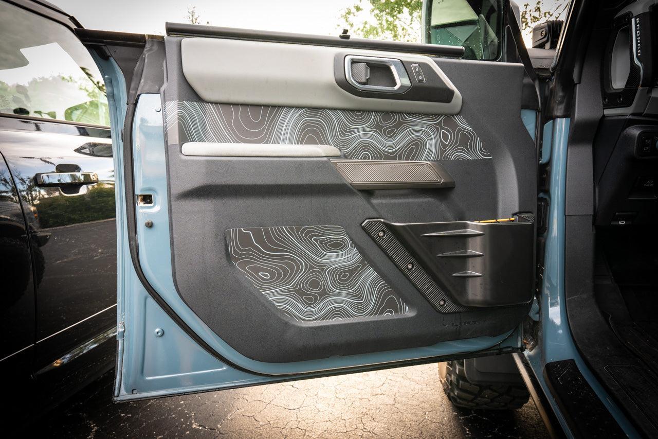 Topo Front Interior Upper Door Card Insert Overlays (Printed Series) - 2021+ Bronco 4 Door StickerFab
