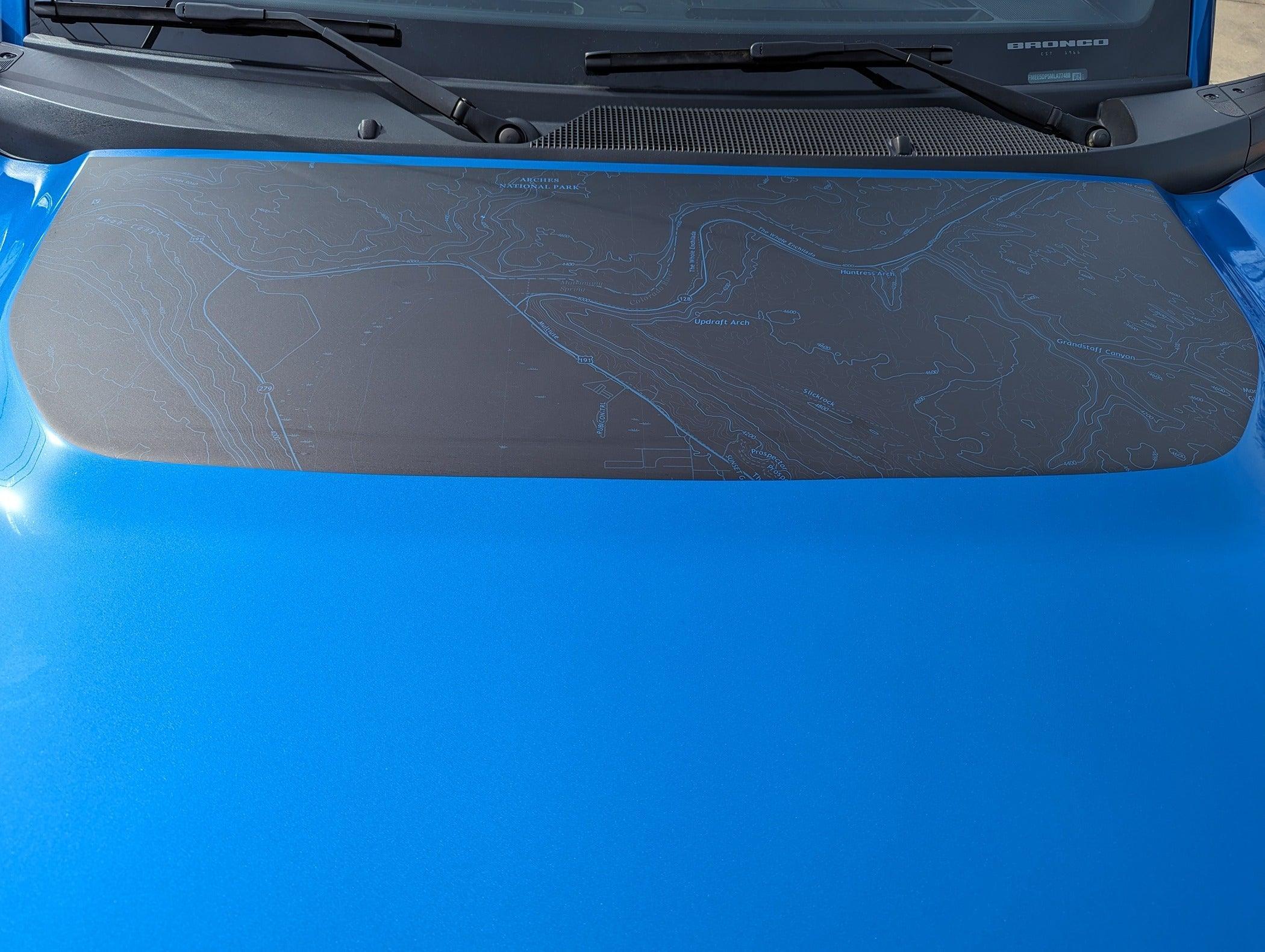 Stealth Black Arches National Park Topographic Map Hood Overlay (Printed Series) - 2021+ Bronco StickerFab