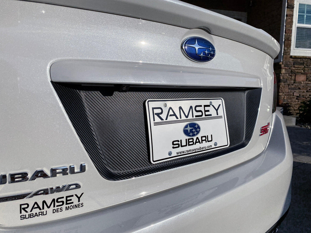 V1 3D Carbon License Plate Panel Black Out Overlays - 2015-2020 Subaru WRX / STI StickerFab