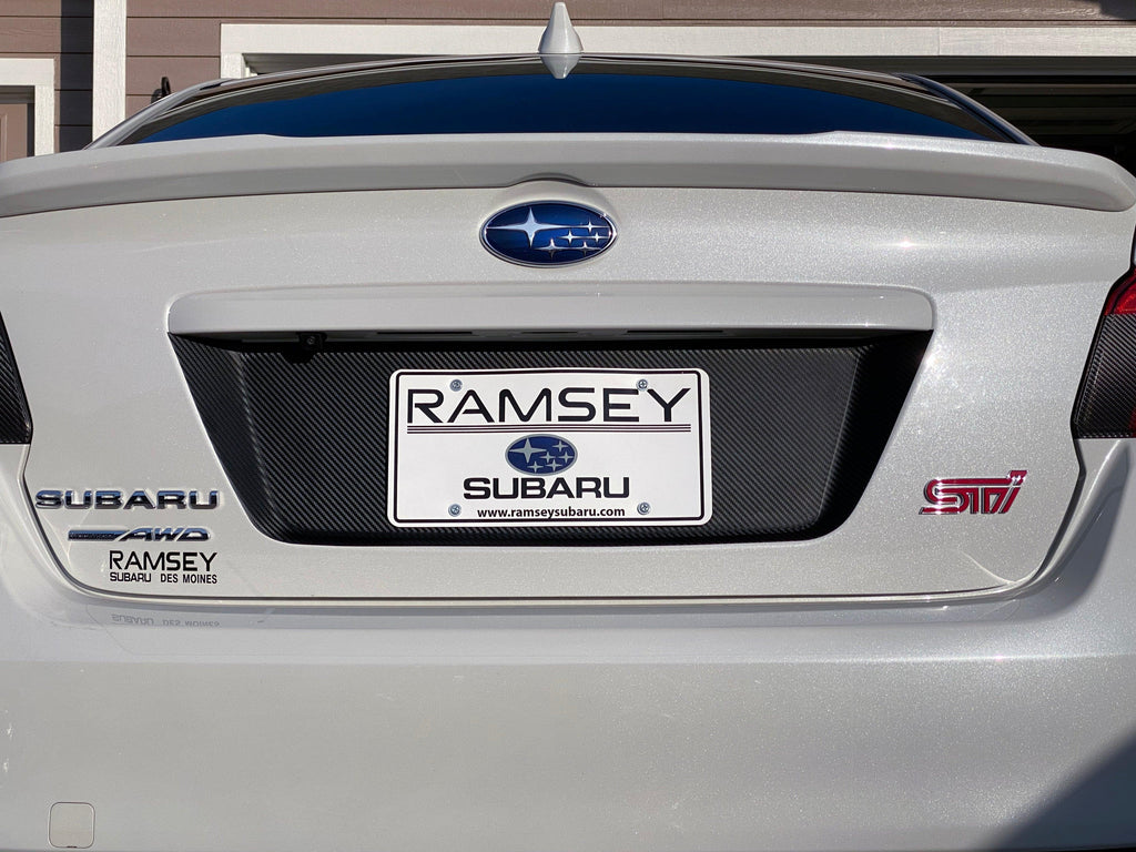 V1 3D Carbon License Plate Panel Black Out Overlays - 2015-2020 Subaru WRX / STI StickerFab