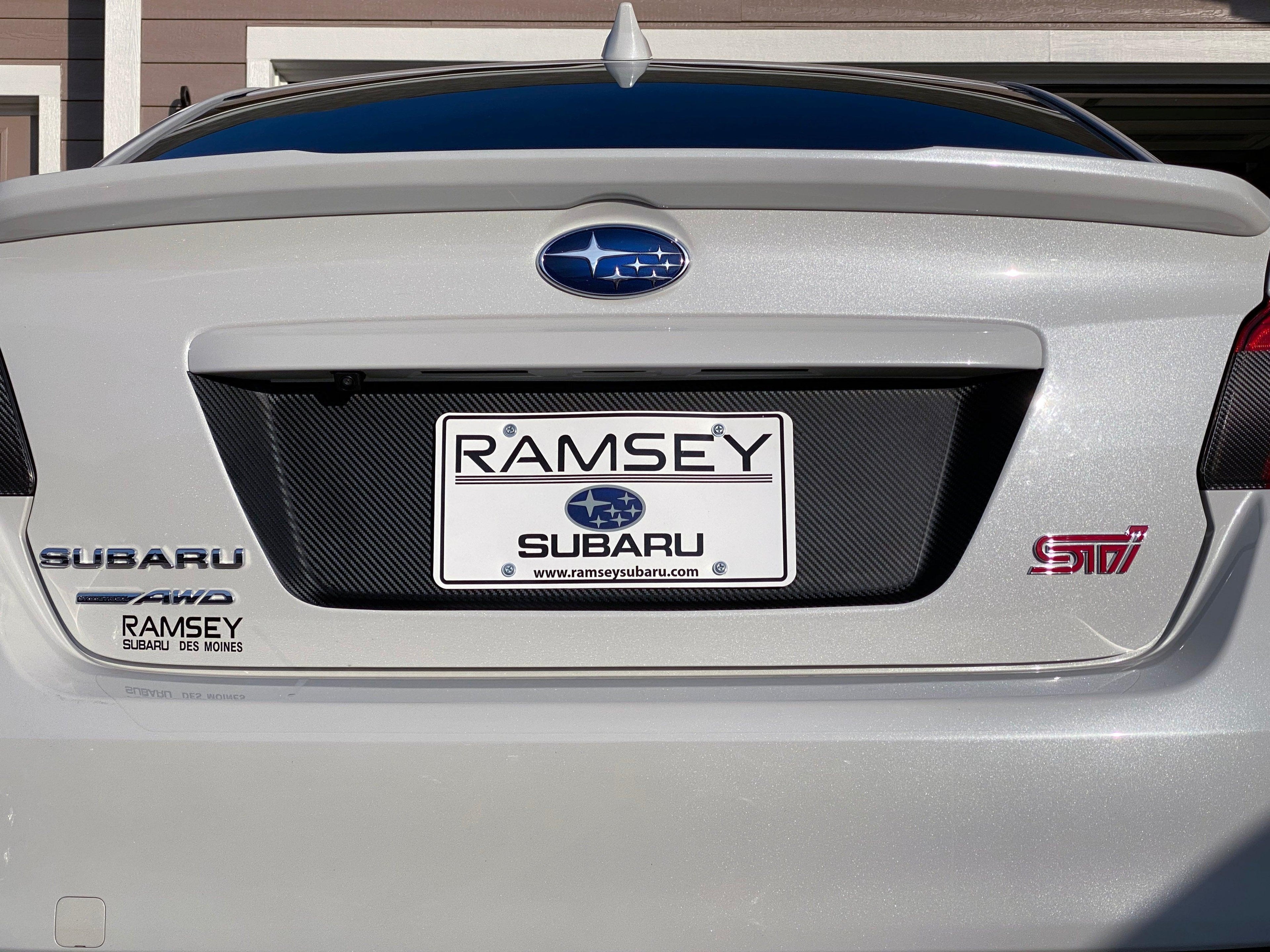 V1 3D Carbon License Plate Panel Black Out Overlays - 2015-2020 Subaru WRX / STI StickerFab