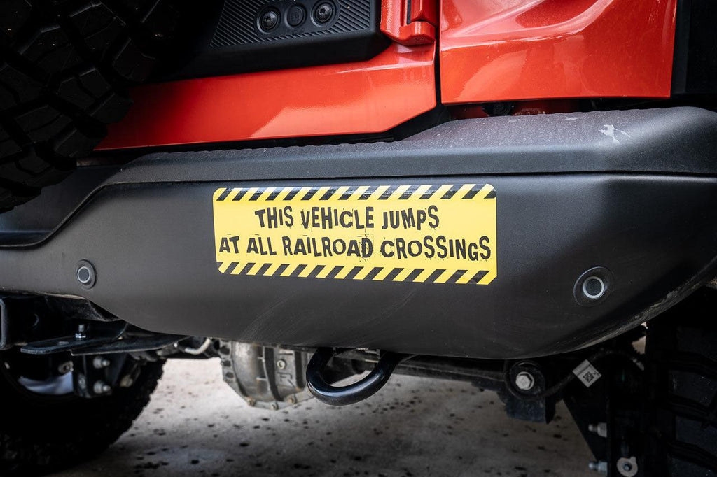 Warning Sticker "This vehicle jumps at all railroad crossings" - Universal StickerFab