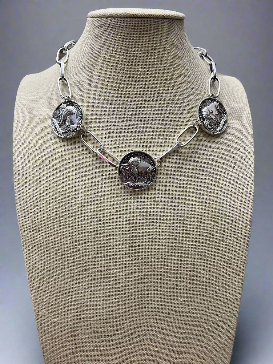 Western Rustic Buffalo Coin Choker & Earring Set — Burnished Silver Western Jewelry Duo Cowhide and Conchos