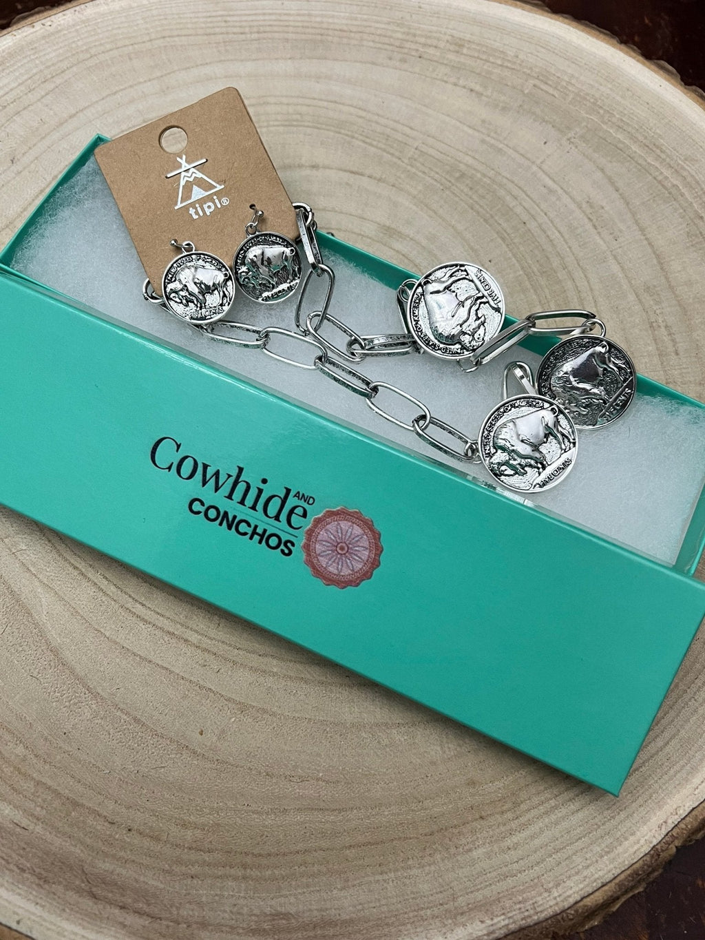 Western Rustic Buffalo Coin Choker & Earring Set — Burnished Silver Western Jewelry Duo Cowhide and Conchos