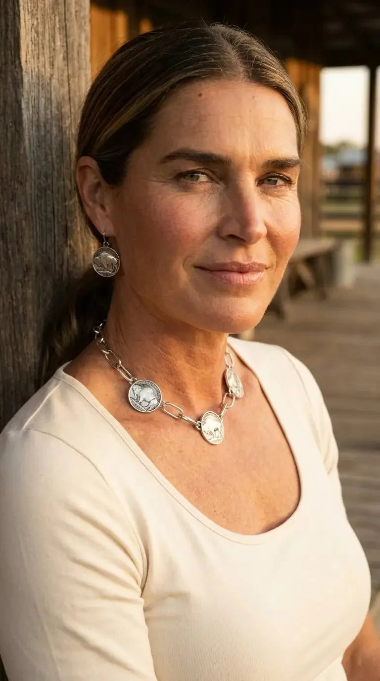 Western Rustic Buffalo Coin Choker & Earring Set — Burnished Silver Western Jewelry Duo Cowhide and Conchos