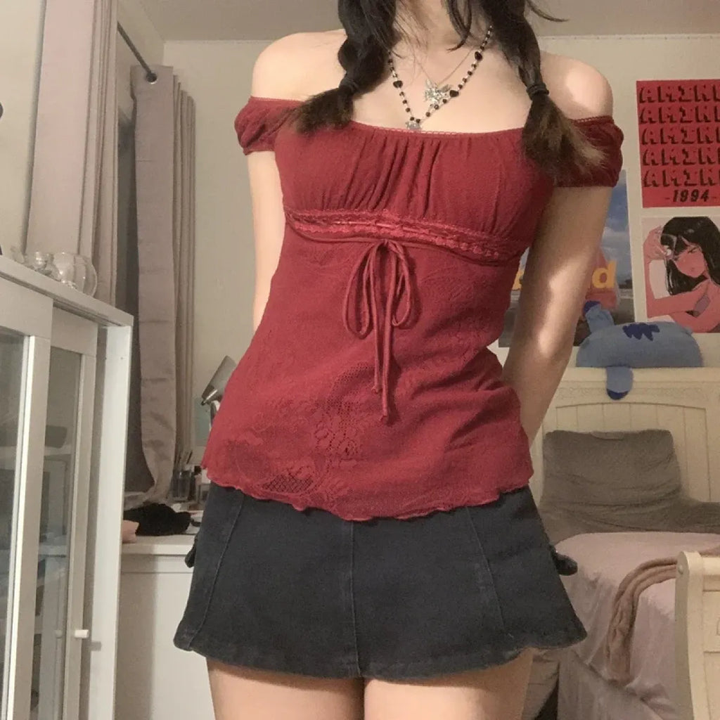 Red Square Collar Crop Top - Y2K Vintage Fairy Grunge Tee Kawaii Stop