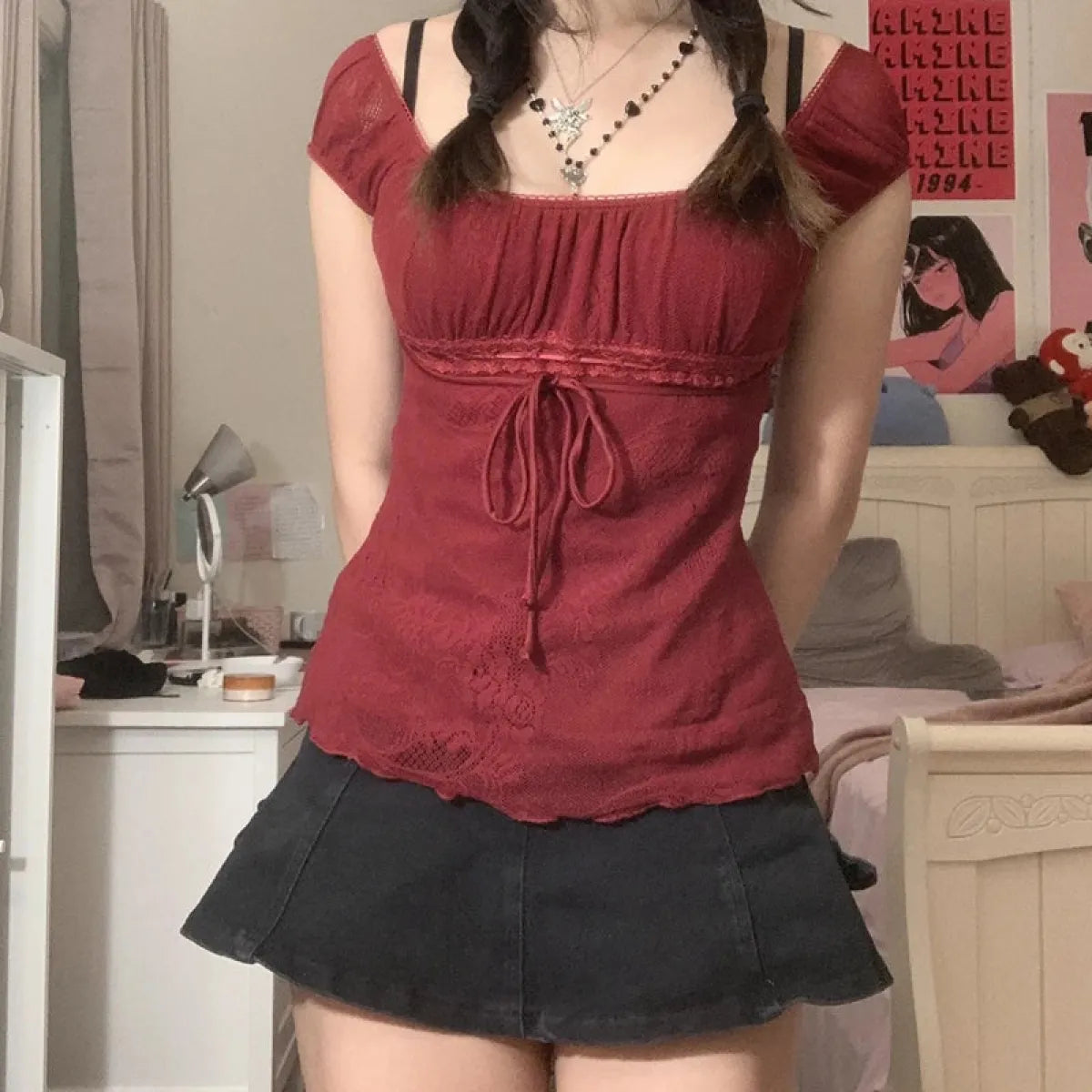 Red Square Collar Crop Top - Y2K Vintage Fairy Grunge Tee Kawaii Stop