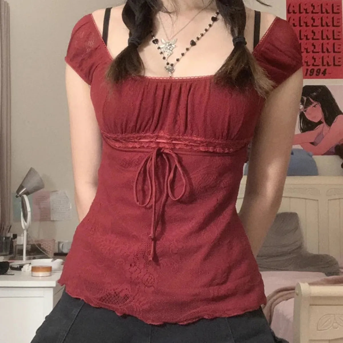 Red Square Collar Crop Top - Y2K Vintage Fairy Grunge Tee Kawaii Stop